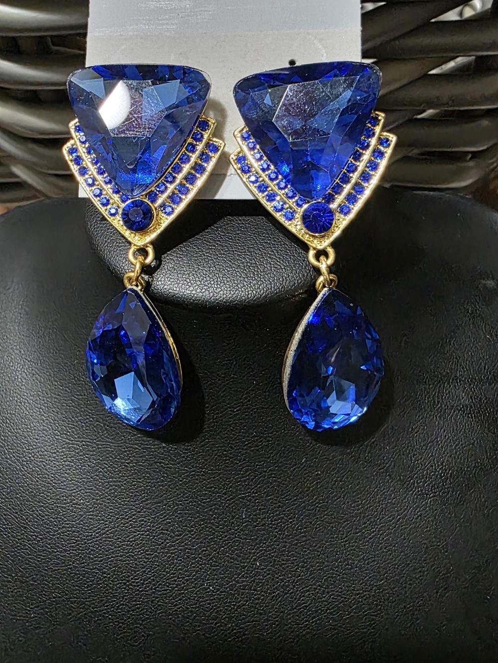 Gold-Tone Royal Blue Crystal Drop Clip on Earrings